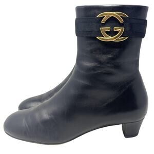 Gucci GG Logo Interlocking Monogram Black Leather High Heels Mid-Calf Boots 37.5
